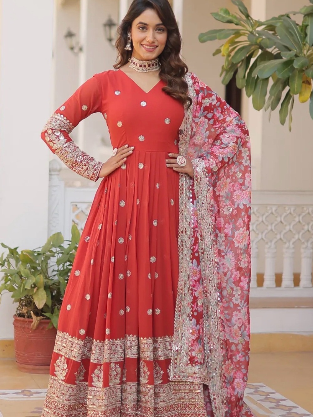 Red Embellished Long Sleeve Anarkali Dress with Floral Dupatta
